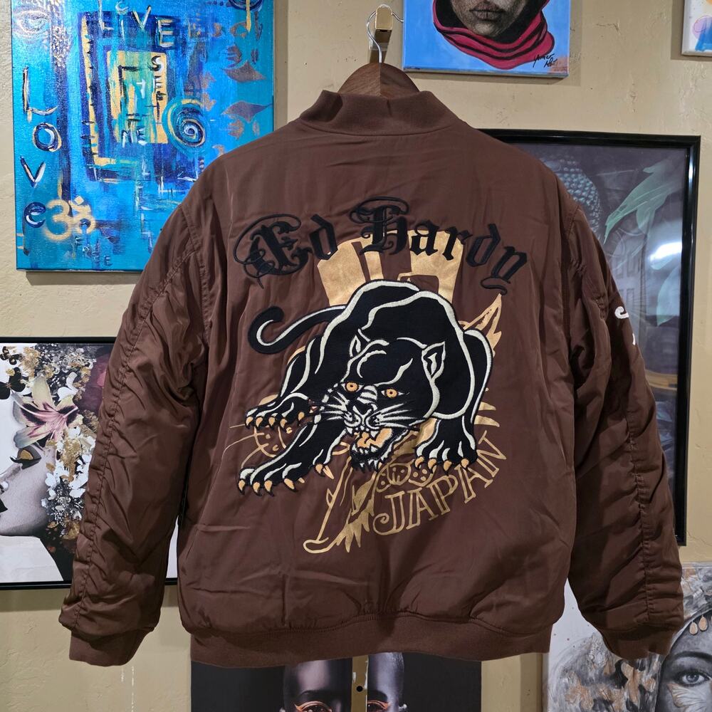 NWT Ed Hardy Y2K Style Deadstock Streetwear Black Panther Grunge Brown Bomber S